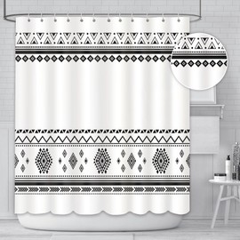 AIBIIN 180x180cm Boho Shower Curtain Black and White Fabric Bathroom Curtains Set with 12 Hooks