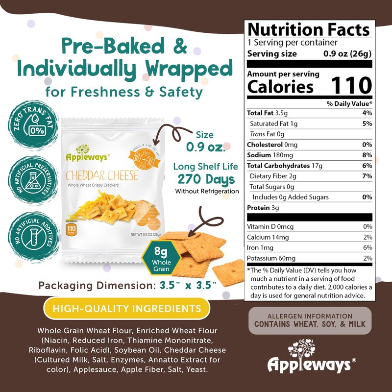 Appleways Cheddar Cheese Crackers, All-Natural Individually Wrapped Cheese Crisps, Kosher
