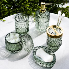 Bathroom Accessory Set, 5 Pcs Glass Bathroom Accessories Set with Lotion Dispenser,Toothbrush Holder, Soap Dish,Tumbler, Cotton swab Jars, Home Set for Christmas/Housewarming, Modern Bathroom Decor