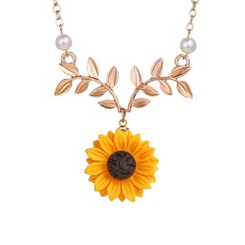 Sweet Sunflower Pearl Leaf Pendat Necklace Resin Daisy Flower Clavicular Chain Fashion Jewelry for Women (Gold)