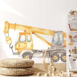 Construction Wheeled Crane Truck Wall Decal for Boys Room, Construction Eqipment Peel Stick Removable Fabric Wall Sticker, Nursery or Playroom Decor, Repositionable (48 inch: 29" Tall x 48" Wide)