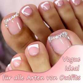 Pack of 24 French Pedicure Glitter Press On Toenails - Short Square French Toenails, Full Cover Nail Tips, Toe Nails for Women Nail Art, 12 Sizes (White Toenail)