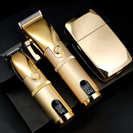 GLAMATIC BR Barbers Hair Clippers Gold for Men Full Metal Cordless Close Cutting T-Blade Trimmer with LED Display Professional Barbershop Barber Clipper Set Shaver Trimmer Razor Kit