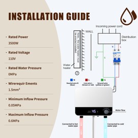 Tankless Water Heater Electric 110v,3500W Instant Hot Water Heater With Automatic Control System Touch Digital Display， Constant Temperature Wall or Floor Mounted for Kitchen,Laundry Sink