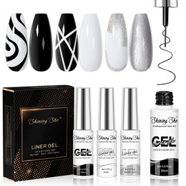 Shining She Liner Semi-Permanent Nail Polish, 3 Colors Black Silver White Semi-Permanent Liner Gel Nail Polish, UV Soak-Off Suitable for Female Family Nail Art, Gift Set for Women, 8ML