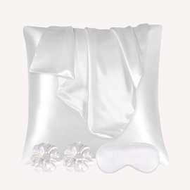 AUAUY Set of 2 Satin Cushion Covers 65 x 65 cm, Soft as Silk Cushion Cover, Better Care than Silk Pillose Case, Satin Pillowcase Cushion Cover for Hair and Skin with Eye Mask 2 Hair Bobbles White