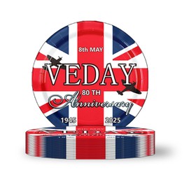 16pcs VE Day 80th Anniversary Decorations Paper Plates 7inch,VE Day Party Decorations Disposable Plates 80 Years Victory in Europe Plate for Celebrate 2025 VE-Day 80th Anniversary Table Decorations