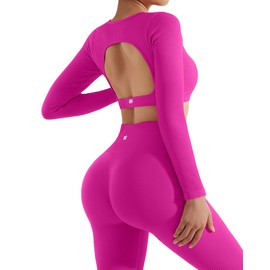 SUUKSESS Open Back Long Sleeve Scrunch Butt Booty Leggings Seamless Ribbed Workout Sets 2 Piece Outfits (#2 Hot Pink, M)