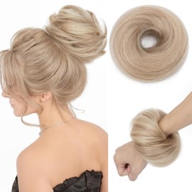 TESSHAIR Thick Human Hair Messy Bun, 100% Real Hair Bun Extensions for Women, Wavy, 25g, #Golden Brown & Bleach Blonde