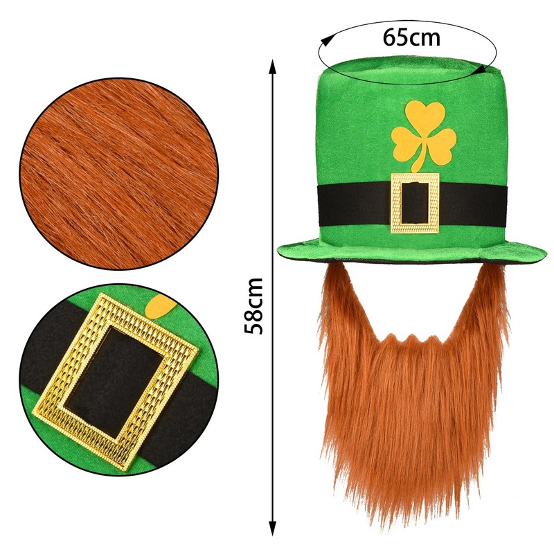 Lezevn St Patrick's Day Hat with Brown Beard Green Clover