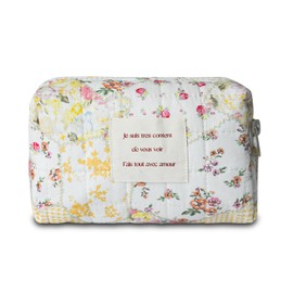 Quilted Makeup Bag Cute Floral Cotton Make up Bag Puffy Coquette Makeup pouch Aesthetic Cute Travel Toiletry Bag for Women Girls