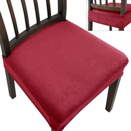 KELUINA Dining Chair Seat Covers Set of 4, Stretch Velvet Chair Seat Slipcovers Protector, Removable Washable Kitchen Chair Covers for Dining Room Chairs (Set of 4, Red)