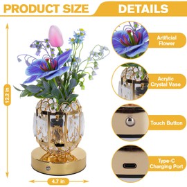 Flower Table Lamp, 3-Color Dimmable Tulip Artificial Flowers Night Light, Rechargeable Cordless Small Lamp, Ambient Light with Crystal Vase for Party Home Desk Decorations (Purple Blue - Flower)