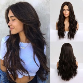 HAIRCUBE Long Black Dark Brown Wig Natural Synthetic Wavy Wig with Middle Part Full Wigs for Women Natural Daily Use