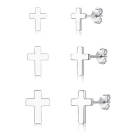 Cangall Silver Stud Earrings for Women, 3 Pairs 925 Sterling Silver Cross Stud Earrings Set, Hypoallergenic Tiny Flat Dot Silver Stud Earrings, Cartilage Sleeper Stud Earrings for Multiple Piercings