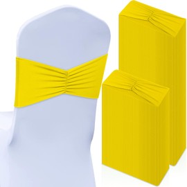 Moukeren 100 Pcs Spandex Chair Sashes Bows Bands Slider Sashes for Chair Covers Elastic Bands Ties Ribbon Decorations for Wedding Party Events Ceremony Birthday Banquet(Yellow)
