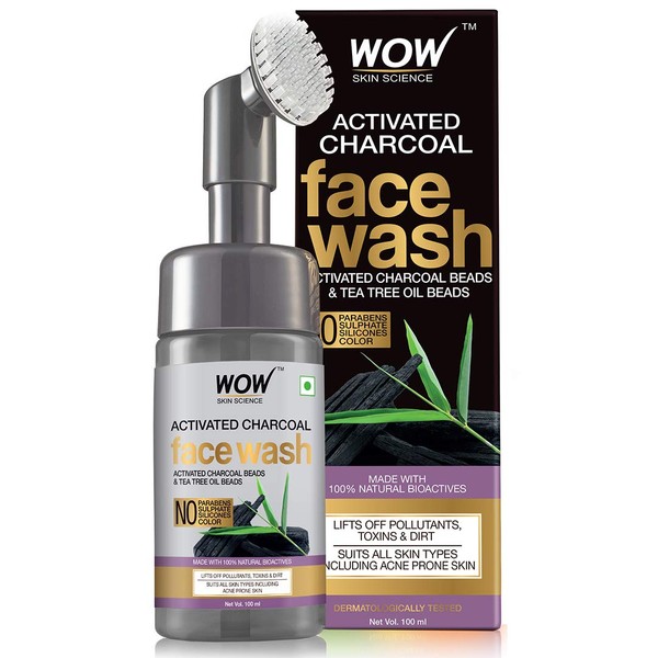 WOW Skin Science Charcoal Foaming Face Wash with Built-In Face Brush for deep cleansing - No Parabens, Sulphate, Silicones & Color - 100mL