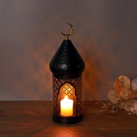 12.4inch Moroccan Lantern Lamp Decorative Candle Holders for Ramadan Decorations, Hanging, Outdoor Patio or Porch, Indoor Home Decor（Black）