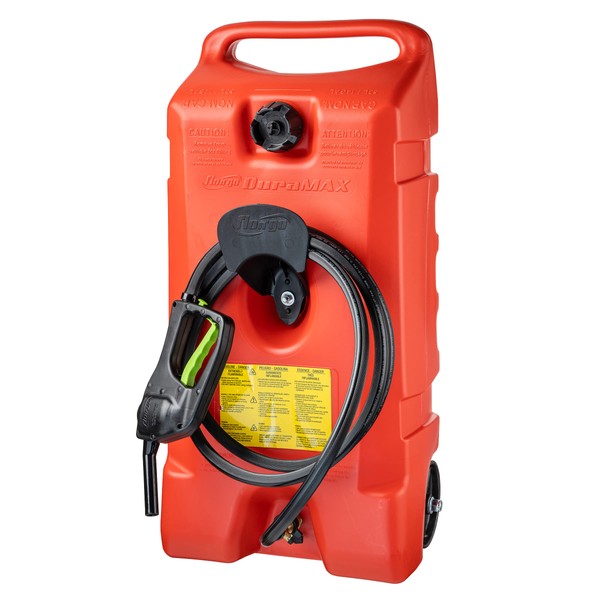Scepter Flo N' Go Duramax 14 Gallon Portable Gas Fuel Tank Container Caddy with LE Fluid Transfer Siphon Pump and 10-Foot Long Hose, Red