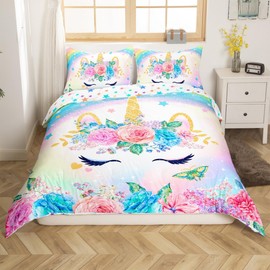 Homemissing Unicorn Bed Linen Set 135 x 200 cm for Children Girls Bedroom Decorations Teens 3D Colourful Unicorn Rainbow Bedding Duvet Cover Set Ultra Soft and Fluffy Flower Bed Linen