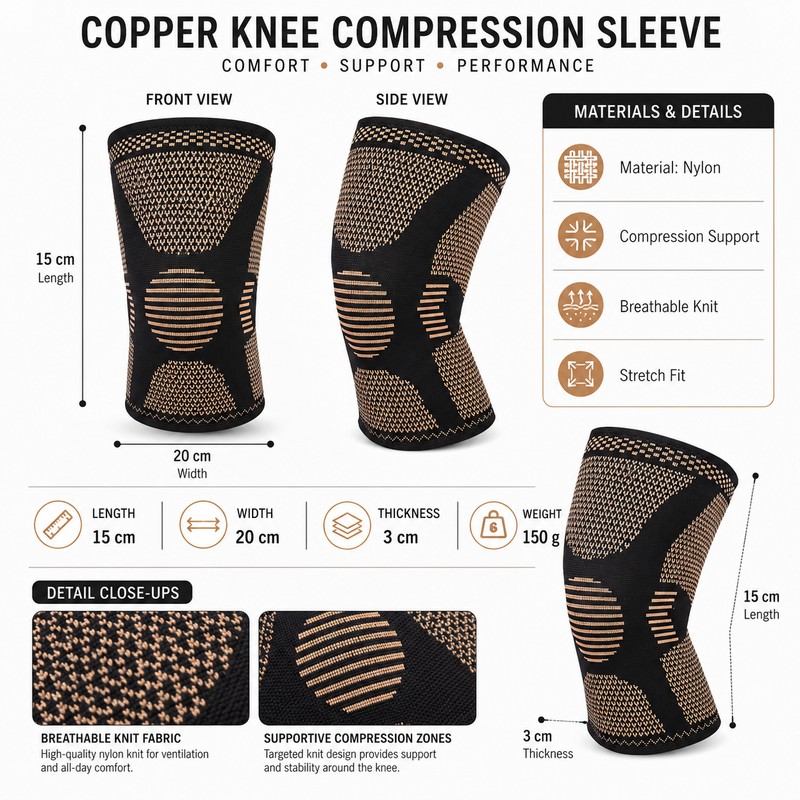 Copper Knee Compression Sleeve for Support – Lightweight Nylon Knee