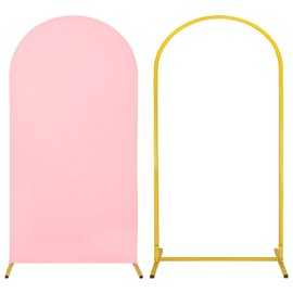 Metal Arch Stand and Cover Set,1 Pink Spandex Fitted Backdrop with 1 Gold Wedding Arched Stand Frame for Parties Birthday Baby Shower Bridal Banquet Decoration (6.6FT)