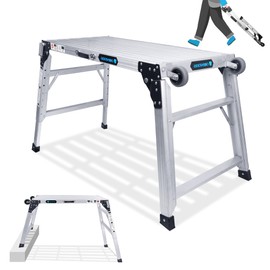 ORIENTOOLS Adjustable Work Platform + Wheels & Handle, (39.4" X 18.5") Portable Folding Aluminum Step Ladder, Scaffolding of Capacity 330 LBS Heavy Duty, 7 Gear Adjustable Height 24 “-35”