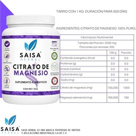 Citrato De Magnesio 1 kg | Suplemento Alimenticio | Sin Sabor Saisa Herbal | 100% Puro | Sin Azucar, Conservadores, Saborizantes | Energía, Vitalidad,
