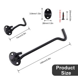 WJUAN Storm Hook Stainless Steel Pack of 4, Stainless Steel Door Latch, Black Gate Hook Lock Latch, with Eyelet Base and Screws, 3 Inches and 6 Inches, Suitable for Doors, Cupboards, Windows