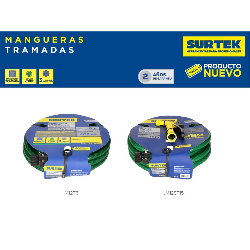 Surtek Manguera tramada verde 1/2", 6 metros