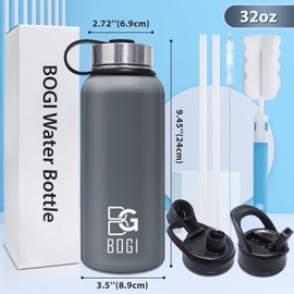 BOGI Insulated Water Bottle 32 oz, Double Wall Vacuum Stainless Steel Water Bottle with Straw and 3 Lids, Sweat-Proof Wide Mouth Steel Water Bottle Keeps Hot or Cold for Sports Gym Office (Grey)
