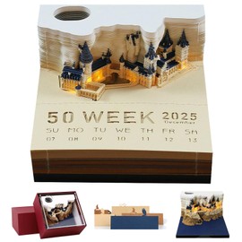 SIWEME 3D Memo Pad Calendar 2025,3D Magic Castle Weekly Calendar Notepad with Light&Holder,Time Piece Desk Calendar Memo Pad DIY Decoration Gift