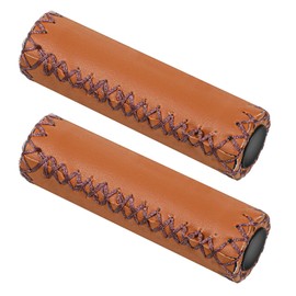 2 Pcs Bike Handlebar Grips PU Leather Beach Bike Grips Hand-Stitched Brown Artificial Leather Handlebar Cover for Beach Bikes Fits Most 7/8"/22.2mm Bicycle Grip