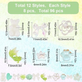 SUNNYCLUE 96 Pcs 12 Types Nail Parts Butterfly Nail Deco Parts Small Bowknot Resin Beads Green Bear 3D Transparent Gradient Macaron Color Mini Carp Mini Nail Koi Flower Charm Animal Bracelet Butterfly