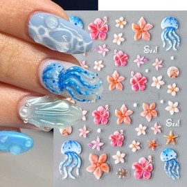 5D Embossed Nail Art Stickers Flower Nail Decals Summer Ocean Jellyfish Starfish Nail Design Colorful Stickers Cute Relief Self-Adhesive Nail Art Supplies for Women Spring Summer Nail Decorations