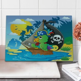 Lunarable Parrots Cutting Board, Image with Pirate Parrot Theme Boat Danger Skull Crossbones Hat Sun Comic Cartoon, Decorative Tempered Glass Cutting and Serving Board, Large Size, Multicolor