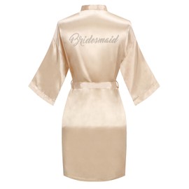 Women's Satin Robe Bride Bridesmaid Short Kimono Robes with Silver Rhinestones for Wedding Party Getting Ready, Bridesmaid, Champagne