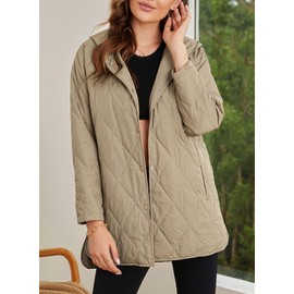 EVALESS Winter Coats for Women Diamond Quilted Jackets Khaki Long Sleeve Button Down Puffer Jacket Warm Fall Outfits Business Casual Clothes for Women Fashion 2025 Down Jacket with Pockets, X-Large