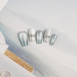 [GLORS] Purly Handmade Medium Ballerina Press on Nails | Blue False Nails with Rhinestones | Salon Quality Nail Art in Medium Ballerina, 10 pieces (L, MB)