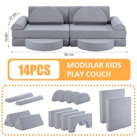 14Pcs Modular Kids Play Couch: Foam Toddler Building Blocks - Removable Kids Sofa Climbing Toys for Playing, Creativity, Convertible Play Fort Sectional Couch for Playroom, Bedroom Furniture, Grey