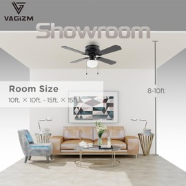 Vagizm 42 Inch Ceiling Fan Traditional: Flush Mount with LED Light - Pull Chain Control- Dual Finish Blades - Reversible for Bedroom, Office, Living Room（Matte Black）