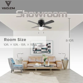 Vagizm 42 Inch Ceiling Fan Traditional: Flush Mount with LED Light - Pull Chain Control- Dual Finish Blades - Reversible for Bedroom, Office, Living Room（Matte Black）