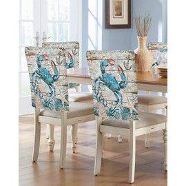 Wowouhiya Teal Crab Coastal Chair Covers Set of 4 for Dining Room, Summer Beach Chair Back Cover, Nautical Starfish Shell Retro Removable Kitchen Chair Slipcovers Seat Protector for Party Banquet