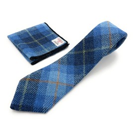 Mens Harris Tweed Blue Check Necktie Handkerchief Pocket Square Set