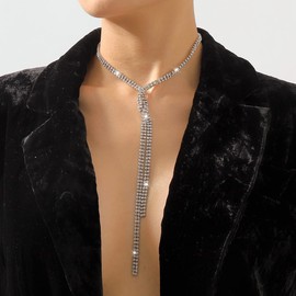 FUTIMELY Rhinestone Long Necklace for Women Twist Y Shape Necklace Sparkly Crystal Choker Drop Necklace Fashion Long Sweater Necklace Wedding Bridal Jewelry (silver)