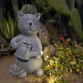 SIHANJUN Realistic Outdoor Cat Statue - Weather-Resistant Polyresin Garden Decor, Handcrafted Kitty Sculpture with Watering Can & Mini Cat Companion