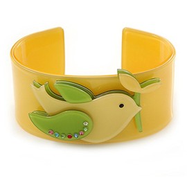 Avalaya Yellow, Light Green Acrylic, Austrian Crystal Dove Cuff Bracelet - 19cm L
