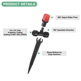 M METERXITY 12-Pack Drip Irrigation Emitters, 5"/13mm Drippers with Stake Adjustable 360 Degree Water Flow 8 Holes for 1/4" Drip Irrigation Tubing for Watering System [Red, Drip]