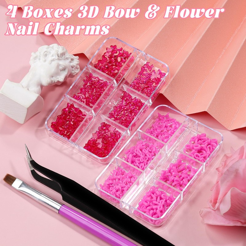 2 Boxes 3D Bow Nail Charms, Rose Mini Bow Charms