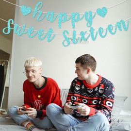 Happy Sweet Sixteen Banner, Pre-Strung Glitter Sweet 16 Party Decorations,16th Party Sign for 16th Birthday Decorations (Blue)
